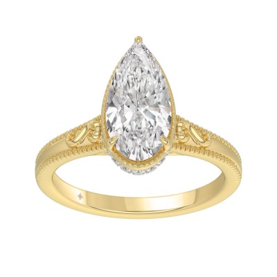 Luxury 14K Yellow Gold 2 1/6Ct Elongated Pear-Shaped Diamond Hidden Halo Ladies Engagement Ring With Round Diamonds 2Ct Pear Center Stone (Color F-G -Clarity Vs1/Vs2)