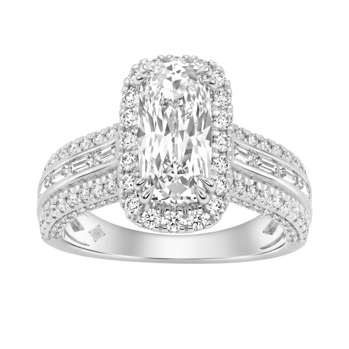 14K White Gold 3.00 Ct Diamond Halo Engagement Ring For Women Elongated 2Ct Cushion Cut Center Stone With Round & Baguette Side Stones, Luxury Bridal Ring (Color F-G -Clarity Vs1/Vs2)