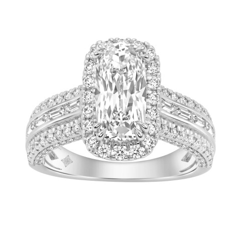 14K White Gold 3.00 Ct Diamond Halo Engagement Ring For Women Elongated 2Ct Cushion Cut Center Stone With Round & Baguette Side Stones, Luxury Bridal Ring (Color F-G -Clarity Vs1/Vs2)