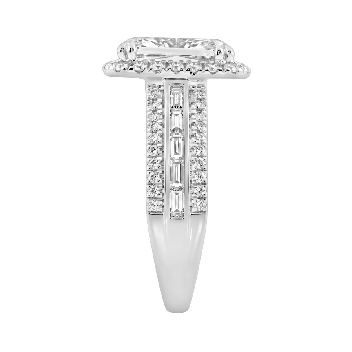 14K White Gold 3.00 Ct Diamond Halo Engagement Ring For Women Elongated 2Ct Cushion Cut Center Stone With Round & Baguette Side Stones, Luxury Bridal Ring (Color F-G -Clarity Vs1/Vs2)