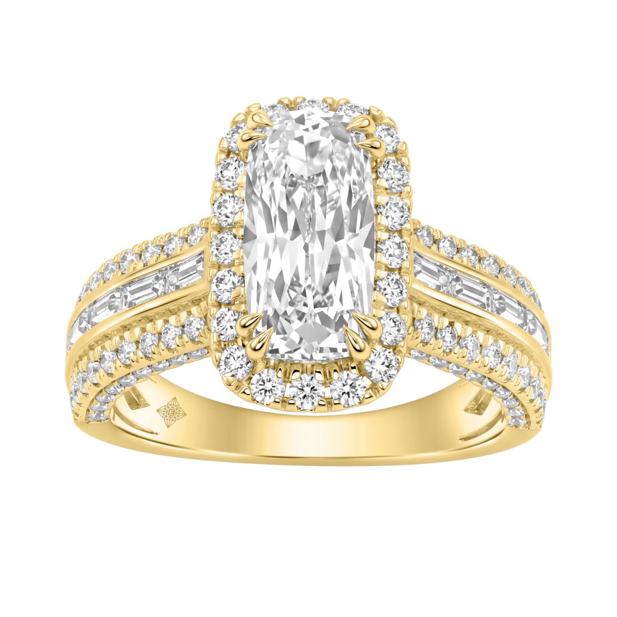 14K Yellow Gold 3.00 Ct Diamond Halo Engagement Ring For Women Elongated 2Ct Cushion Cut Center Stone With Round & Baguette Side Stones, Luxury Bridal Ring (Color F-G -Clarity Vs1/Vs2)