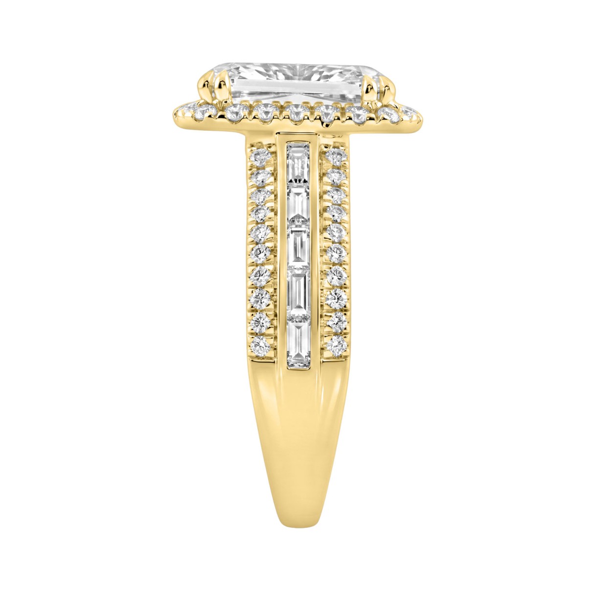 14K Yellow Gold 3.00 Ct Diamond Halo Engagement Ring For Women Elongated 2Ct Cushion Cut Center Stone With Round & Baguette Side Stones, Luxury Bridal Ring (Color F-G -Clarity Vs1/Vs2)