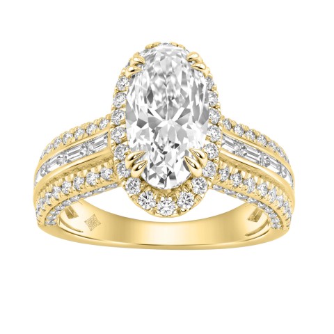 14K Yellow Gold 3.00 Ct Diamond Halo Engagement Ring For Women Elongated 2Ct Oval Cut Center Stone With Round & Baguette Side Stones, Luxury Bridal Ring (Color F-G -Clarity Vs1/Vs2)