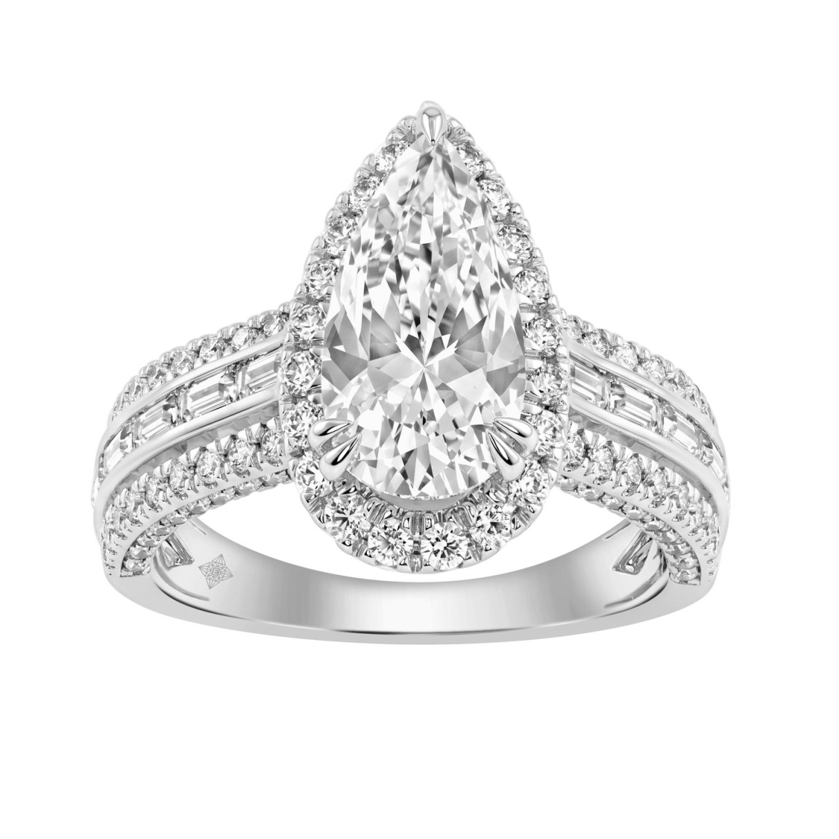 14K White Gold 3.00 Ct Diamond Halo Engagement Ring For Women Elongated 2Ct Pear Cut Center Stone With Round & Baguette Side Stones, Luxury Bridal Ring (Color F-G -Clarity Vs1/Vs2)