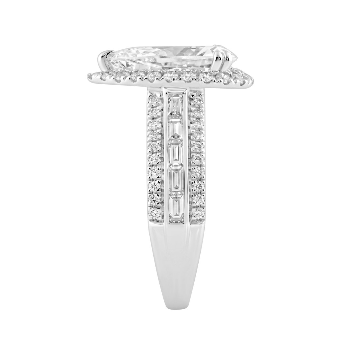 14K White Gold 3.00 Ct Diamond Halo Engagement Ring For Women Elongated 2Ct Pear Cut Center Stone With Round & Baguette Side Stones, Luxury Bridal Ring (Color F-G -Clarity Vs1/Vs2)