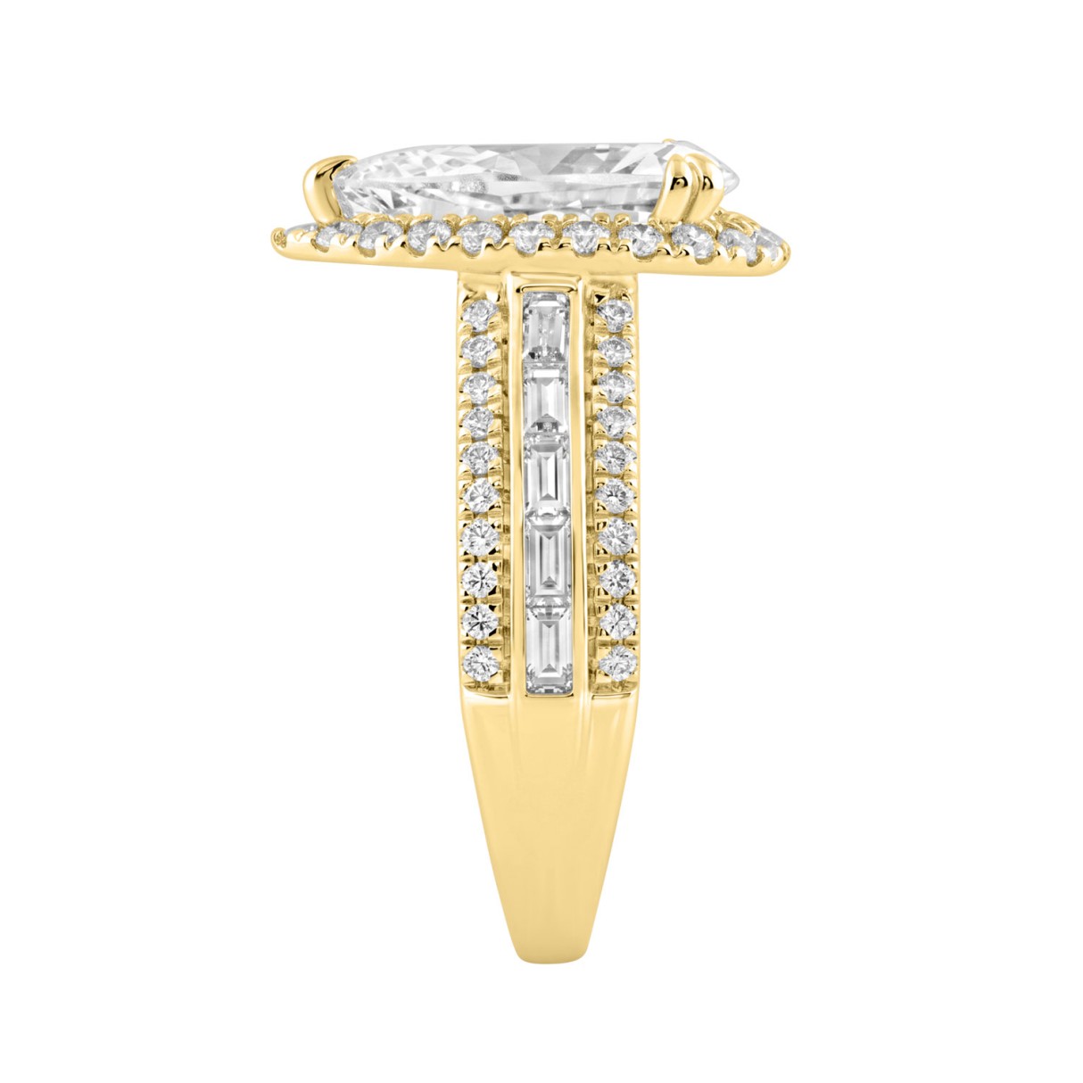 14K Yellow Gold 3.00 Ct Diamond Halo Engagement Ring For Women Elongated 2Ct Pear Cut Center Stone With Round & Baguette Side Stones, Luxury Bridal Ring (Color F-G -Clarity Vs1/Vs2)