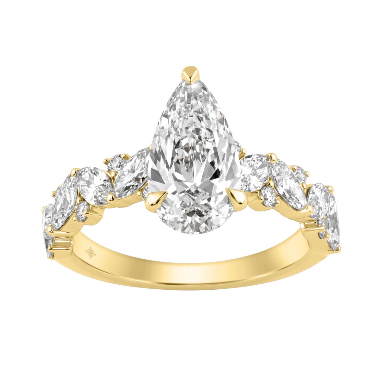 14K Yellow Gold 3.00 Ct Diamond Halo Engagement Ring For Women Elongated 2Ct Pear Cut Center Stone With Round & Marquise Side Stones, Luxury Bridal Ring (Color F-G -Clarity Vs1/Vs2)