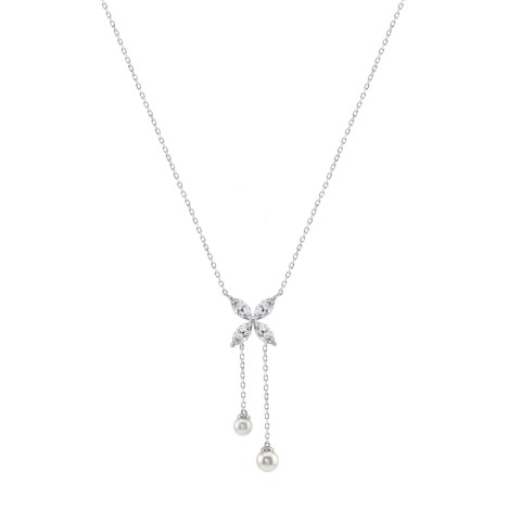 Elegant 10K White Gold Marquise Diamond 3/4Ct & Pearl Butterfly Drop Necklace Fine Jewelry Gift For Her (Color F-G Clarity Vs1/Vs2)