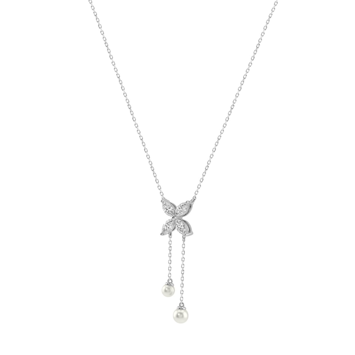 Elegant 10K White Gold Marquise Diamond 3/4Ct & Pearl Butterfly Drop Necklace Fine Jewelry Gift For Her (Color F-G Clarity Vs1/Vs2)