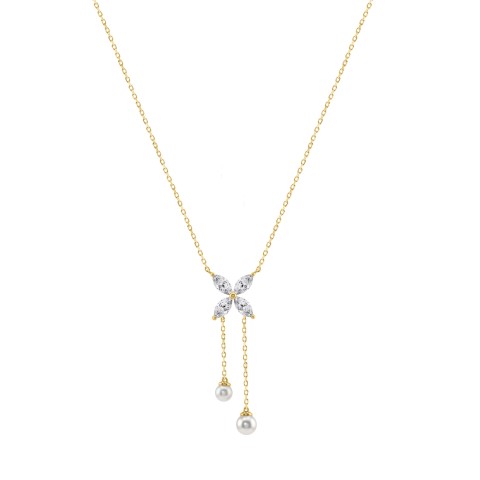 Elegant 10K Yellow Gold Marquise Diamond 3/4Ct & Pearl Butterfly Drop Necklace Fine Jewelry Gift For Her (Color F-G Clarity Vs1/Vs2)