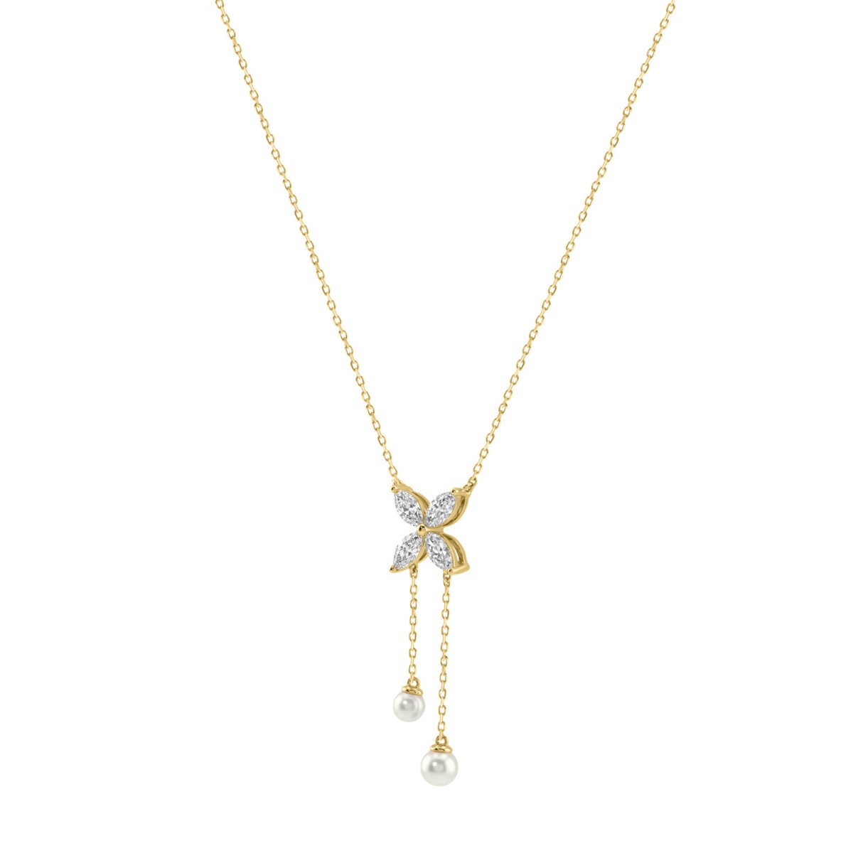 Elegant 10K Yellow Gold Marquise Diamond 3/4Ct & Pearl Butterfly Drop Necklace Fine Jewelry Gift For Her (Color F-G Clarity Vs1/Vs2)