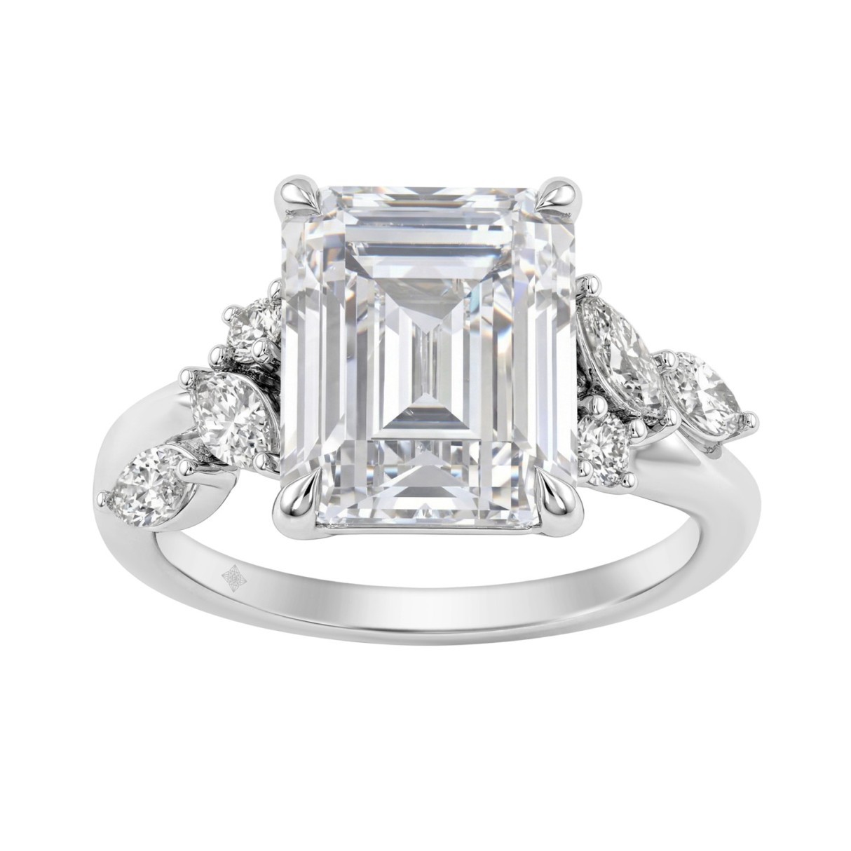 Luxury 14K White Gold 5 1/2Ct Lab-Grown Diamond Ring 5Ct Emerald Center With Marquise & Round Side Stones For Women Engagement Ring (Color F-G -Clarity Vs1/Vs2)