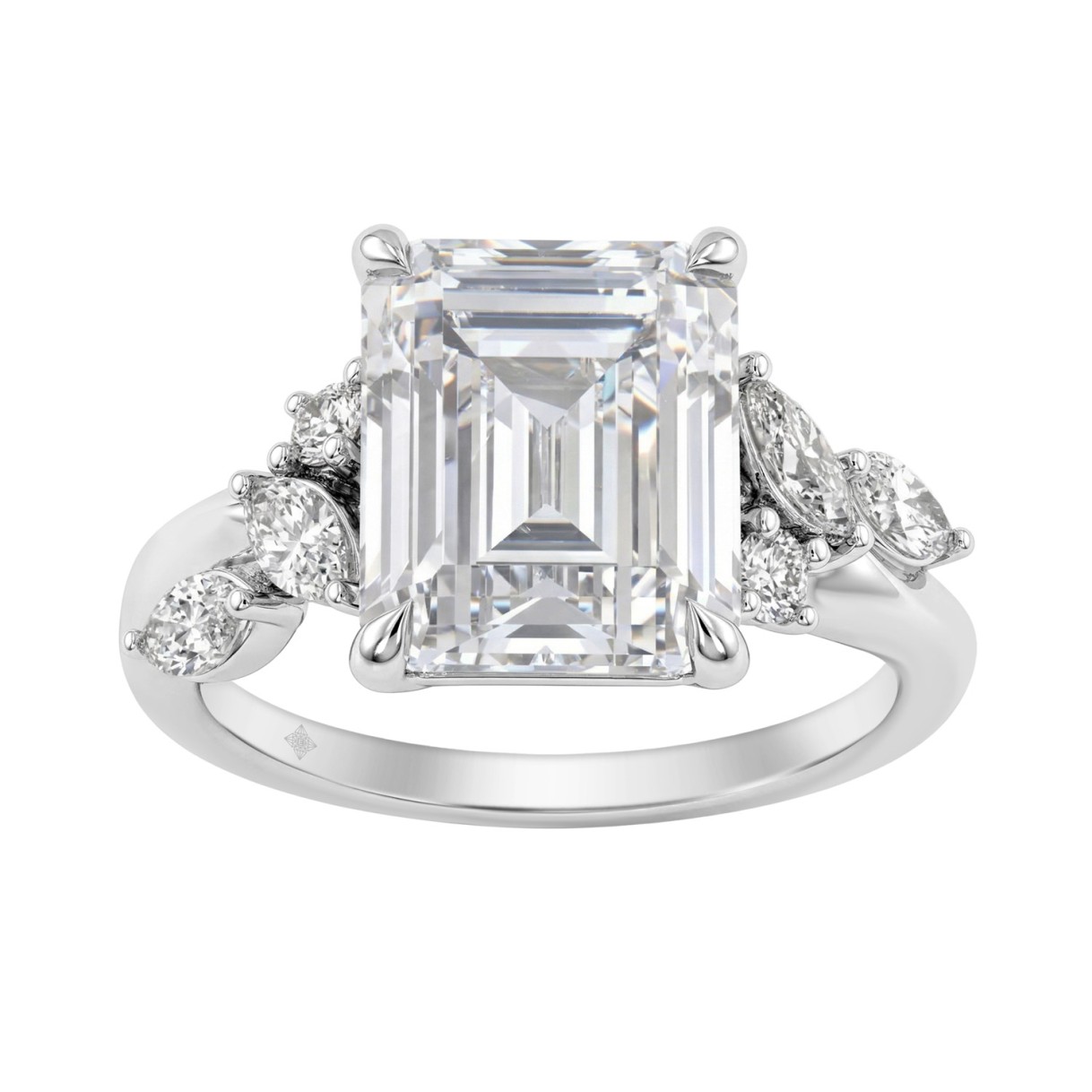 Luxury 14K White Gold 5 1/2Ct Lab-Grown Diamond Ring 5Ct Emerald Center With Marquise & Round Side Stones For Women Engagement Ring (Color F-G -Clarity Vs1/Vs2)