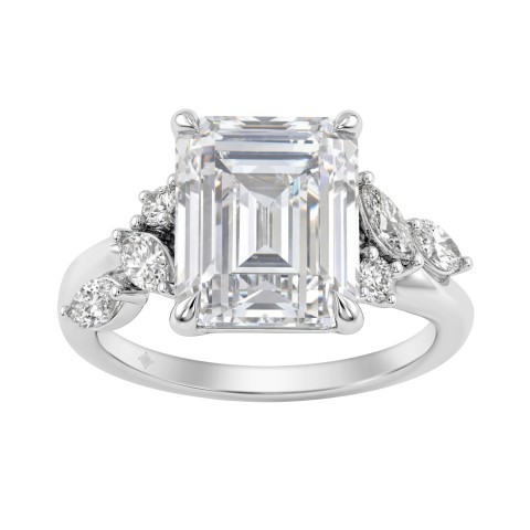 Luxury 14K White Gold 5 1/2Ct Lab-Grown Diamond Ring 5Ct Emerald Center With Marquise & Round Side Stones For Women Engagement Ring (Color F-G -Clarity Vs1/Vs2)