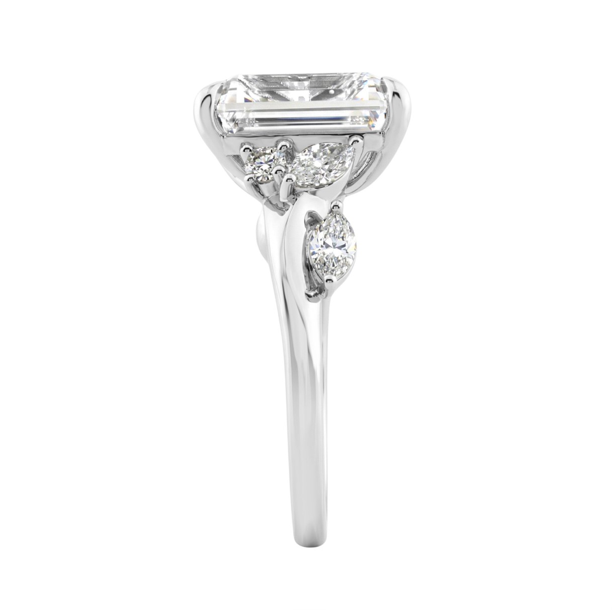 Luxury 14K White Gold 5 1/2Ct Lab-Grown Diamond Ring 5Ct Emerald Center With Marquise & Round Side Stones For Women Engagement Ring (Color F-G -Clarity Vs1/Vs2)