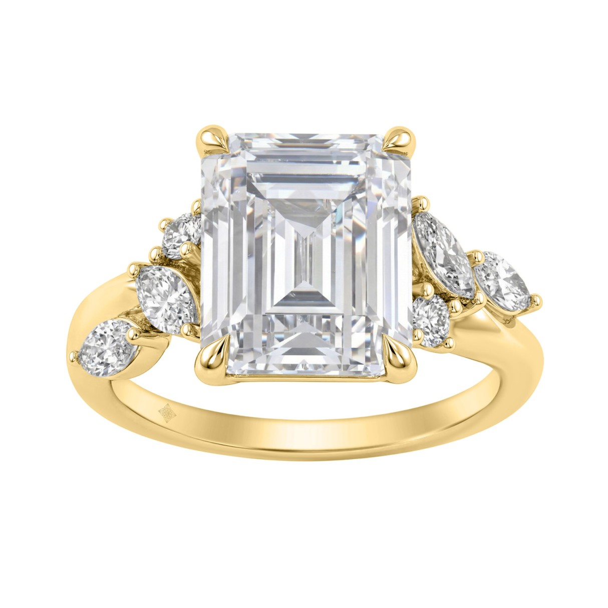 Luxury 14K Yellow Gold 5 1/2Ct Lab-Grown Diamond Ring 5Ct Emerald Center With Marquise & Round Side Stones For Women Engagement Ring (Color F-G -Clarity Vs1/Vs2)