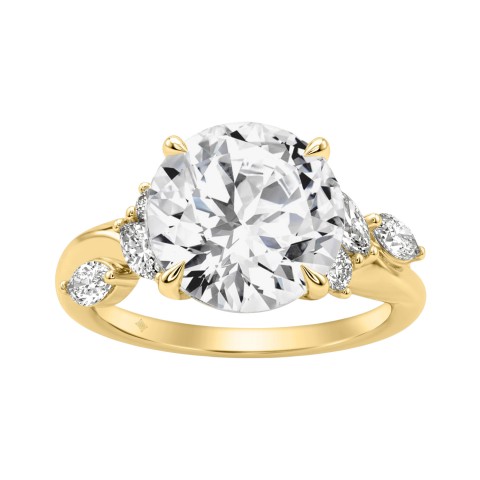 14K Yellow Gold 5 1/2Ct Lab-Grown Diamond Engagement Ring For Women 5Ct Round Center Stone With Marquise Side Stones, Luxury Bridal Ring (Color F-G -Clarity Vs1/Vs2)
