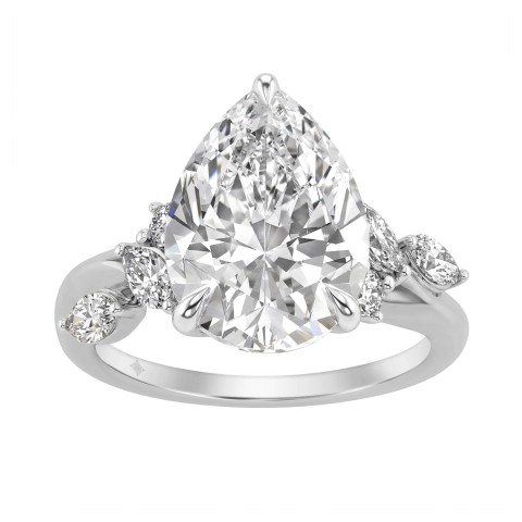 14K White Gold 5 1/2Ct Lab-Grown Diamond Engagement Ring For Women 5Ct Pear Center Stone With Marquise/Round Side Stones, Luxury Bridal Ring (Color F-G -Clarity Vs1/Vs2)