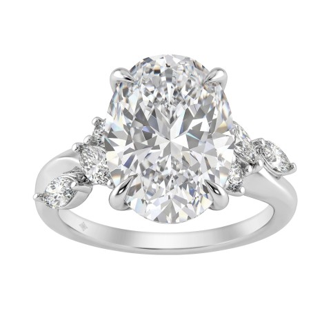 14K White Gold 5 1/2Ct Lab-Grown Diamond Engagement Ring For Women 5Ct Oval Center Stone With Marquise/Round Side Stones, Luxury Bridal Ring (Color F-G -Clarity Vs1/Vs2)