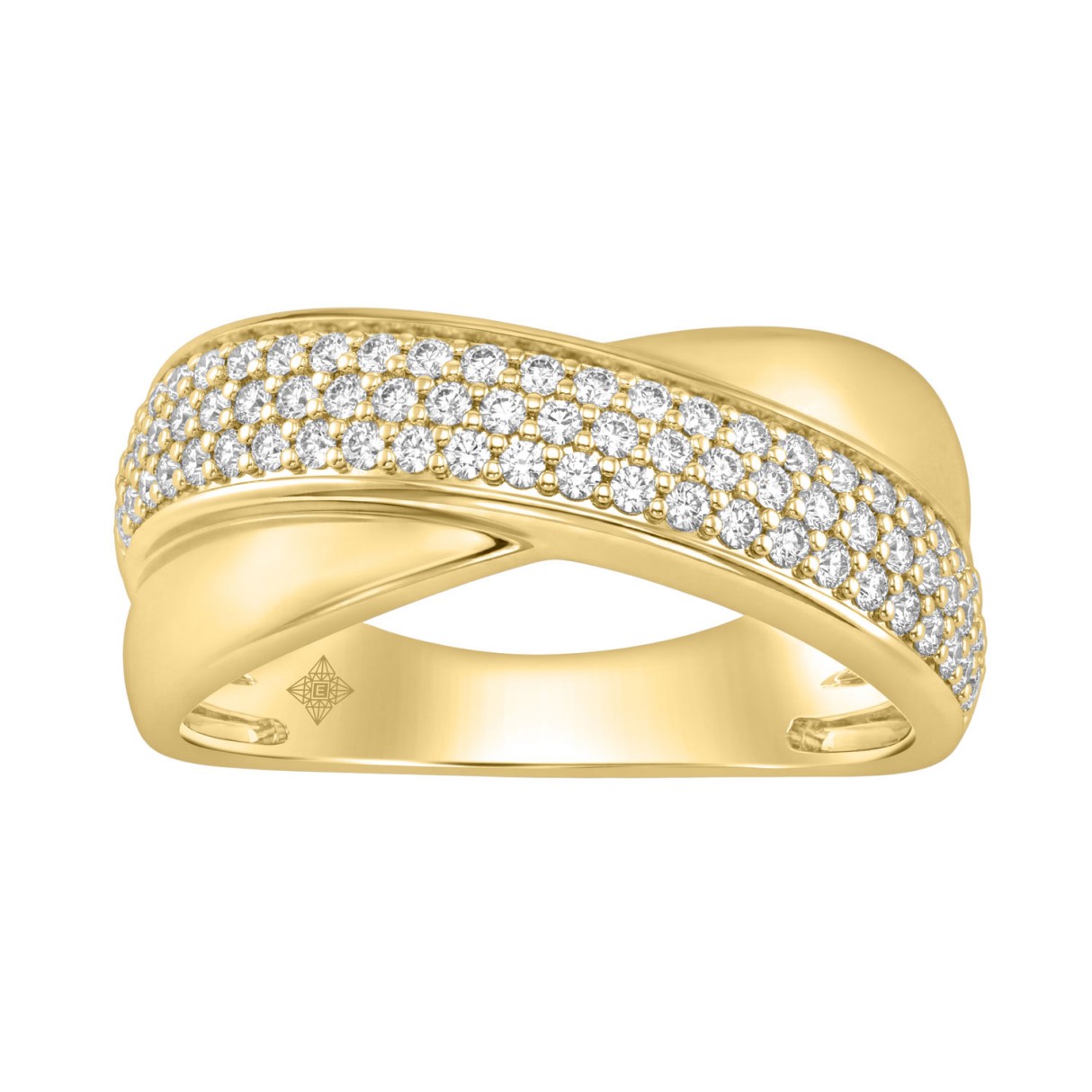 14K Yellow Gold 1/2Ct Round Diamond Crossover Ring For Women Featuring An Elegant Design And Brilliant Diamond Sparkle.