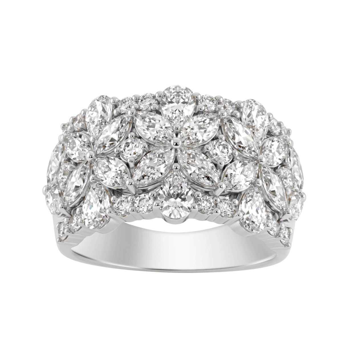14K White Gold 3.00Ct Mixed Shape Diamond Cluster Ring Round, Marquise & Pear Floral Inspired Ladies Ring (Color F-G -Clarity Vs1/Vs2)