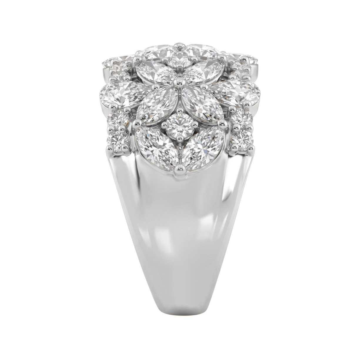 14K White Gold 3.00Ct Mixed Shape Diamond Cluster Ring Round, Marquise & Pear Floral Inspired Ladies Ring (Color F-G -Clarity Vs1/Vs2)