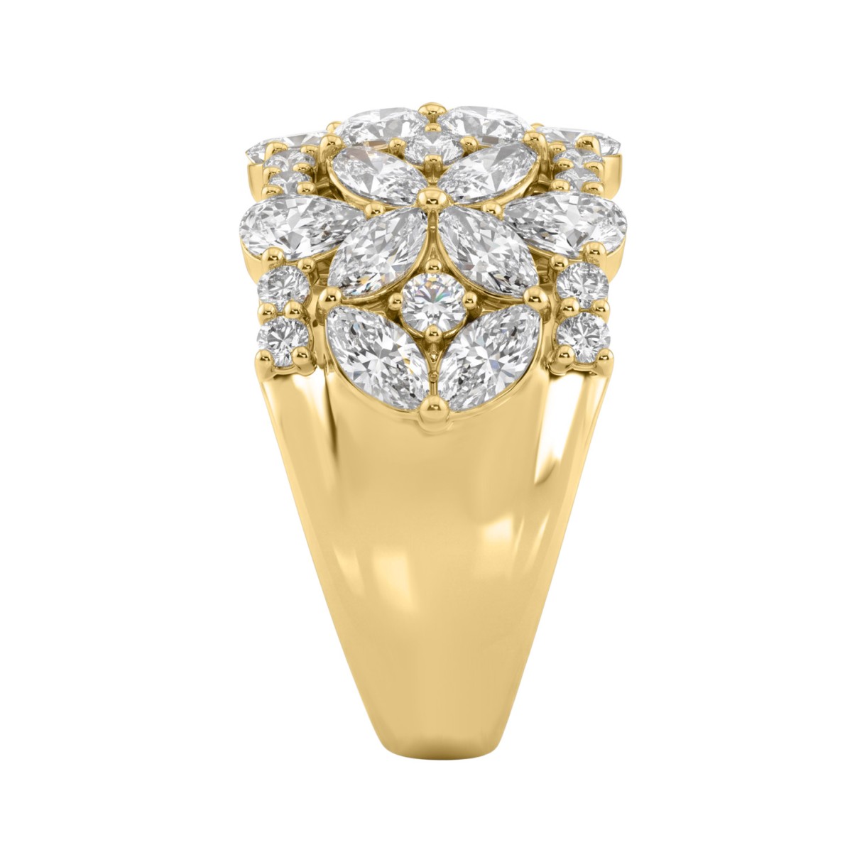 14K Yellow Gold 3.00Ct Mixed Shape Diamond Cluster Ring Round, Marquise & Pear Floral Inspired Ladies Ring (Color F-G -Clarity Vs1/Vs2)