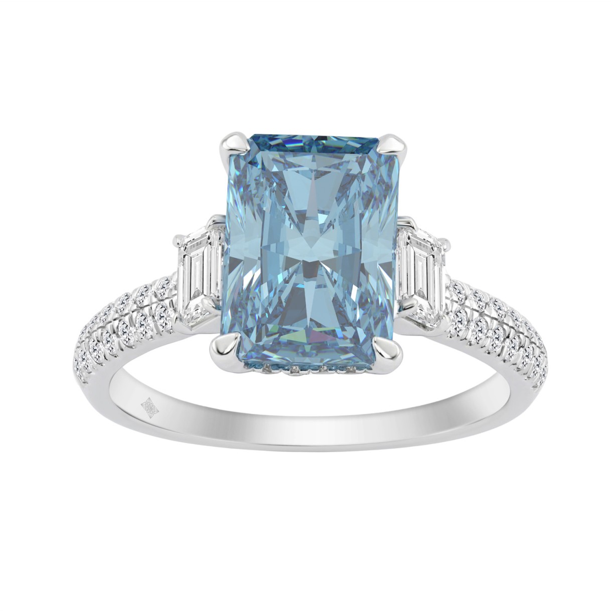 14K White Gold 3 3/4 Ct Emerald Cut Lab Grown Diamond Ring  Womens Engagement Ring With Round & Emerald Cut Diamonds, Fine Jewelry 3.00Ct RADIANT Blue Center Stone (Color F-G -Clarity Vs1/Vs2)