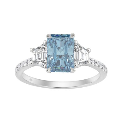 14K White Gold 2 1/4 Ct RADIANT Cut Blue Diamond & Trapezoid/Round Diamond Ring  RADIANT Blue 1 1/2Ct Center Stone For Women Engagement Ring, Fine Luxury Jewelry (Color F-G Clarity Vs1/Vs2)