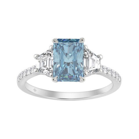 14K White Gold 2 1/4 Ct RADIANT Cut Blue Diamond & Trapezoid/Round Diamond Ring  RADIANT Blue 1 1/2Ct Center Stone For Women Engagement Ring, Fine Luxury Jewelry (Color F-G Clarity Vs1/Vs2)