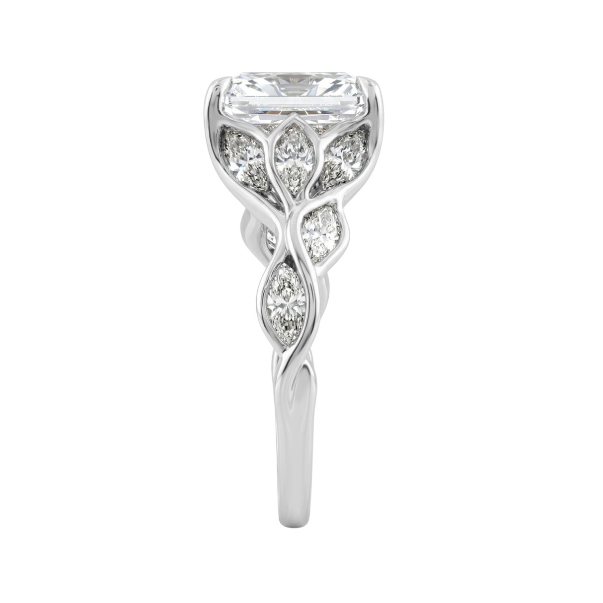 14K White Gold Radiant Cut Diamond Ring 4 1/5Ct  With Marquise Side Stones Ladies Engagement Ring 3Ct Radiant Center Stone (Color F-G -Clarity Vs1/Vs2)