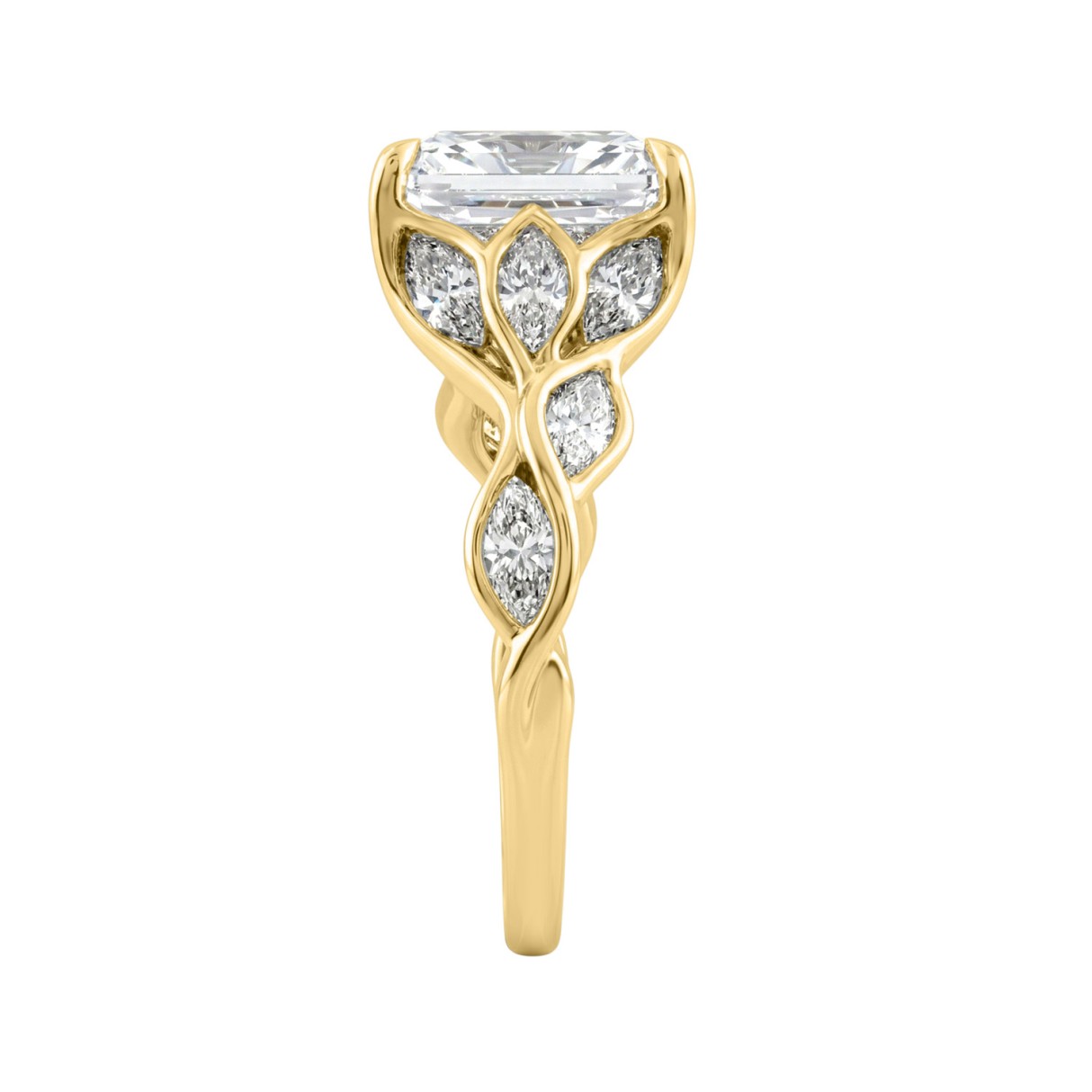 14K Yellow Gold Radiant Cut Diamond Ring 4 1/5Ct  With Marquise Side Stones Ladies Engagement Ring 3Ct Radiant Center Stone (Color F-G -Clarity Vs1/Vs2)