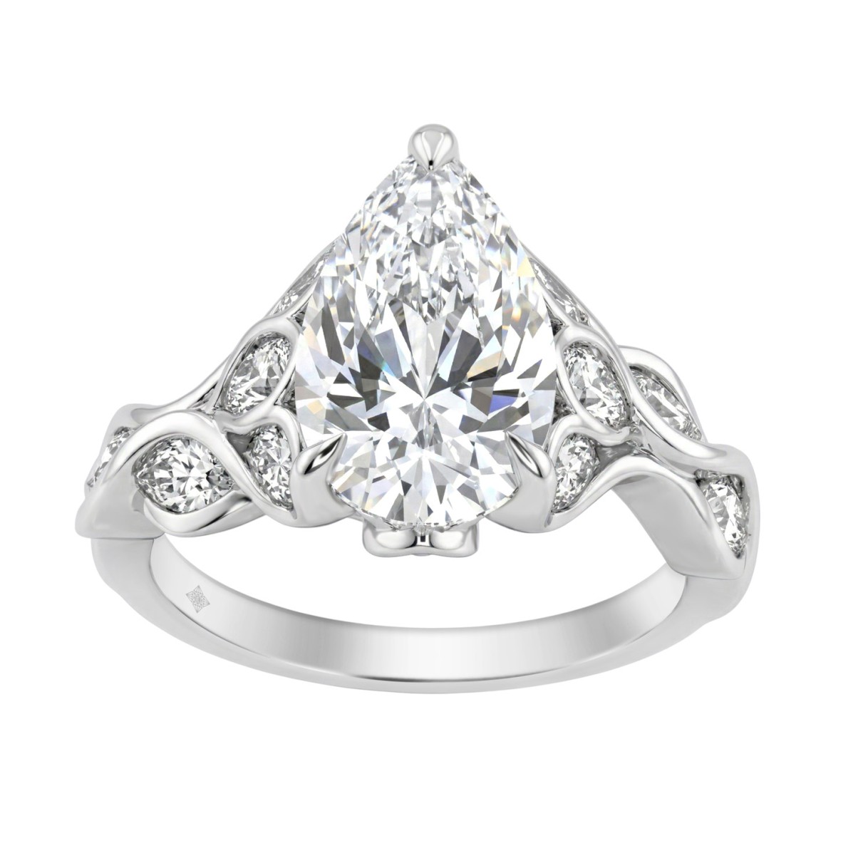Elegant 14K White Gold 4 1/5Ct Diamond Ring Round, Pear & Marquise With Marquise Side Stones, Women Fashion Ring 3Ct Pear Center Stone (Color F-G -Clarity Vs1/Vs2)