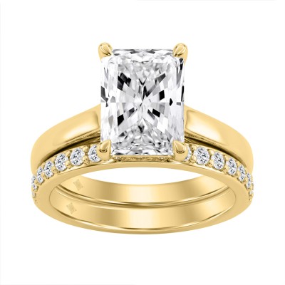 Luxury 18K Yellow Gold 3 1/3Ct Radiant & Round Diamond Bridal Set 3.00Ct Radiant Cut Engagement Ring With Matching Wedding Band (Color F-G -Clarity Vs1/Vs2)