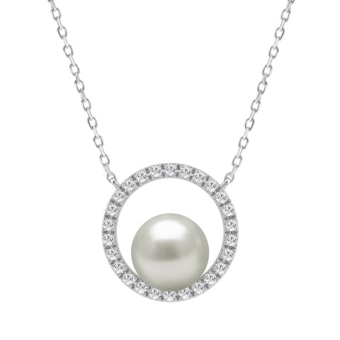Luxury 10K White Gold 1/4Ct Round Diamond & Pearl Necklace For Women Classic Jewelry Gift (Color F-G -Clarity Vs1/Vs2)