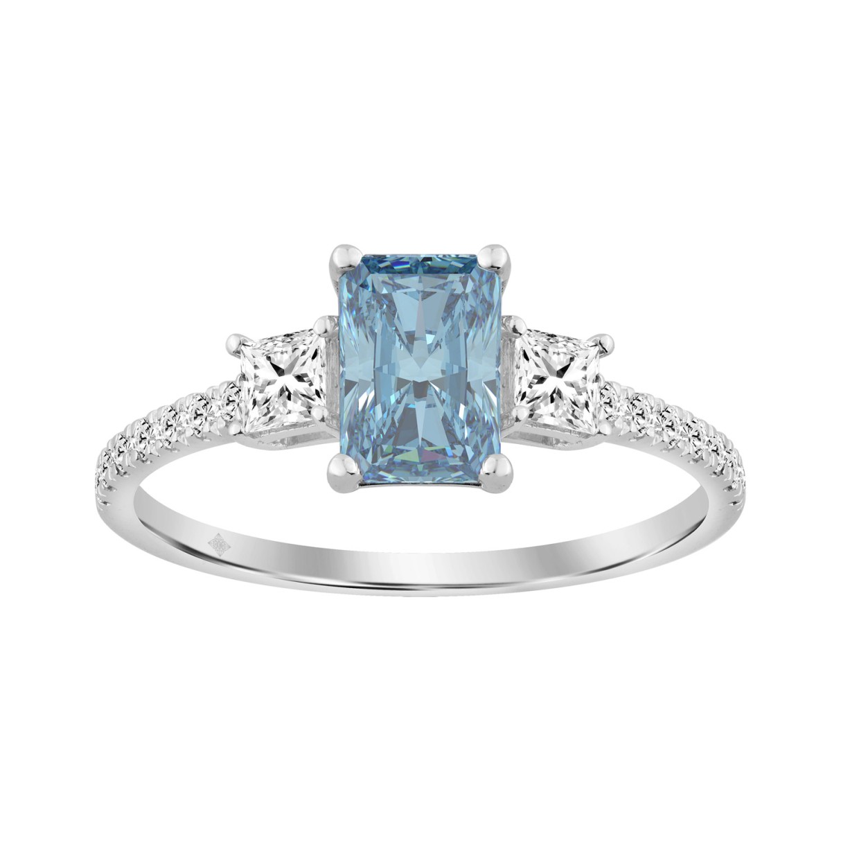18K White Gold 1 1/3Ct Round & Princess Cut Diamond Fashion Ring 3.00Ct Radiant Blue Center Stone (Color F-G -Clarity Vs1/