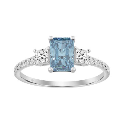 18K White Gold 1 1/3Ct Round & Princess Cut Diamond Fashion Ring 3.00Ct Radiant Blue Center Stone (Color F-G -Clarity Vs1/