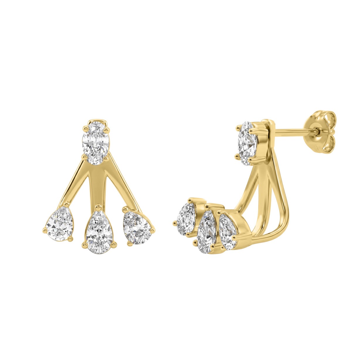 Luxury 14K Yellow Gold 1 1/2Ct Fashion Earrings Featuring Oval And Pear Shape Diamonds