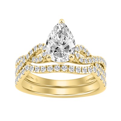 14K Yellow Gold Pear Shaped Diamond Bridal Set 2.00 Ct 1 1/2Ct Center Pear Engagement Ring With Round Diamond Wedding Band (Color F-G -Clarity Vs1/Vs2)