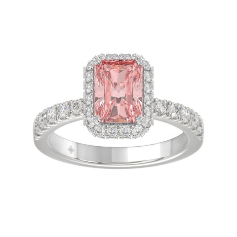 14K White Gold 4.00Ct Round Diamond Halo Ring For Women 3.00Ct Pink Radiant Cut Center Stone  With Round Diamond Halo (Color F-G -Clarity Vs1/Vs2)