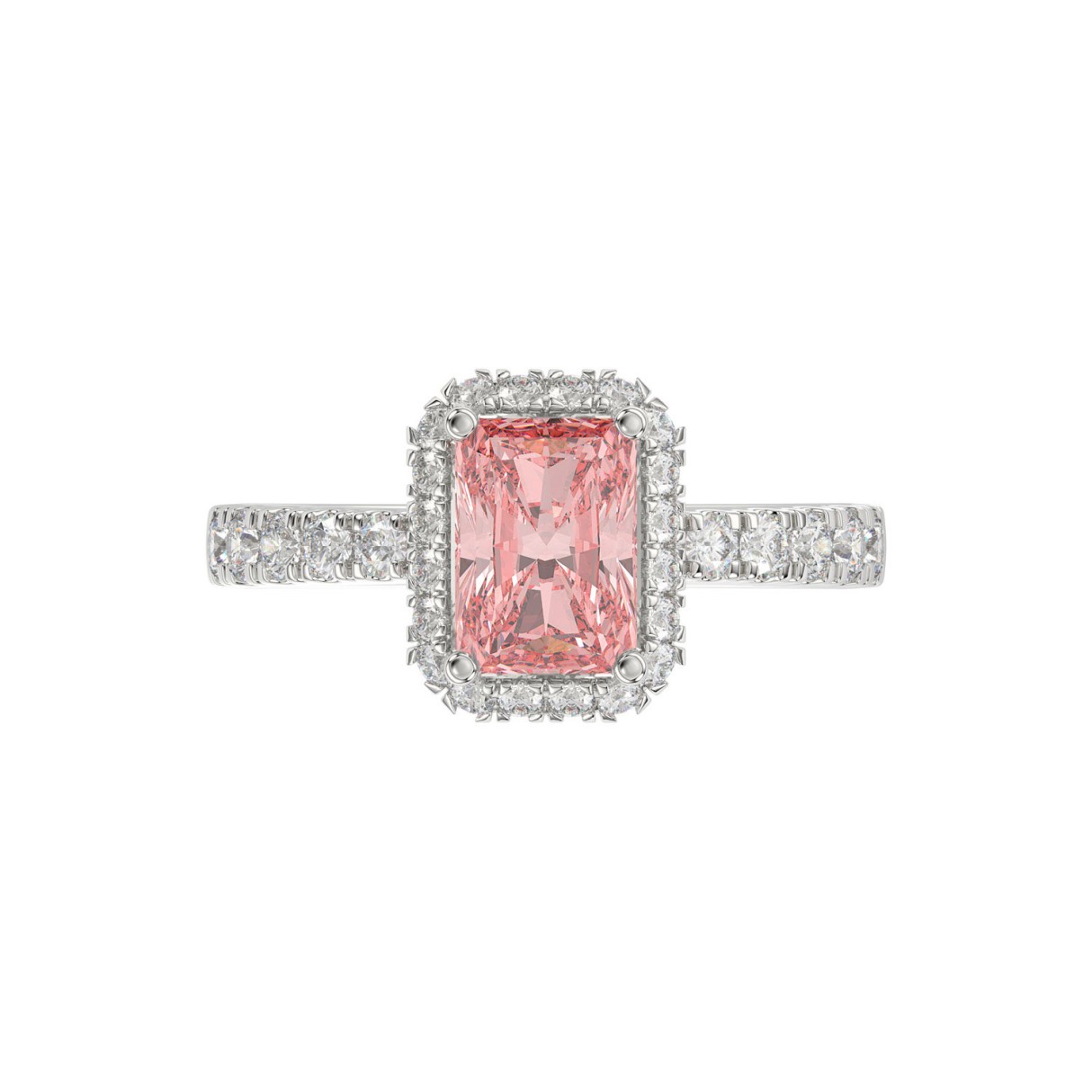 14K White Gold 4.00Ct Round Diamond Halo Ring For Women 3.00Ct Pink Radiant Cut Center Stone  With Round Diamond Halo (Color F-G -Clarity Vs1/Vs2)