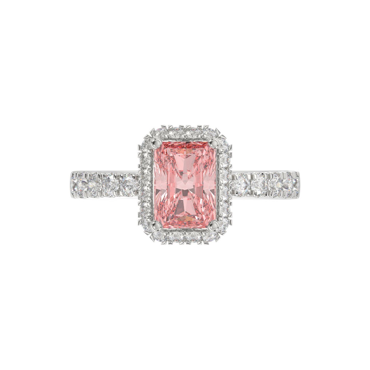 14K White Gold 4.00Ct Round Diamond Halo Ring For Women 3.00Ct Pink Radiant Cut Center Stone  With Round Diamond Halo (Color F-G -Clarity Vs1/Vs2)