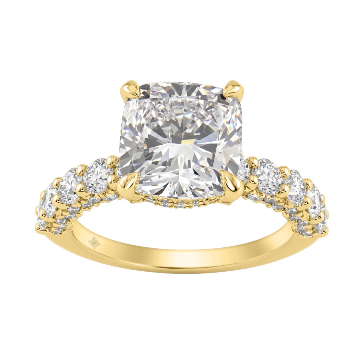 Ladies 14K Yellow Gold Diamond Ladies Engagement Ring 5 1/2Ct Round Cut With Cushion Diamond 4Ct Cushion Center Stone (Color F-G -Clarity Vs1/Vs2)