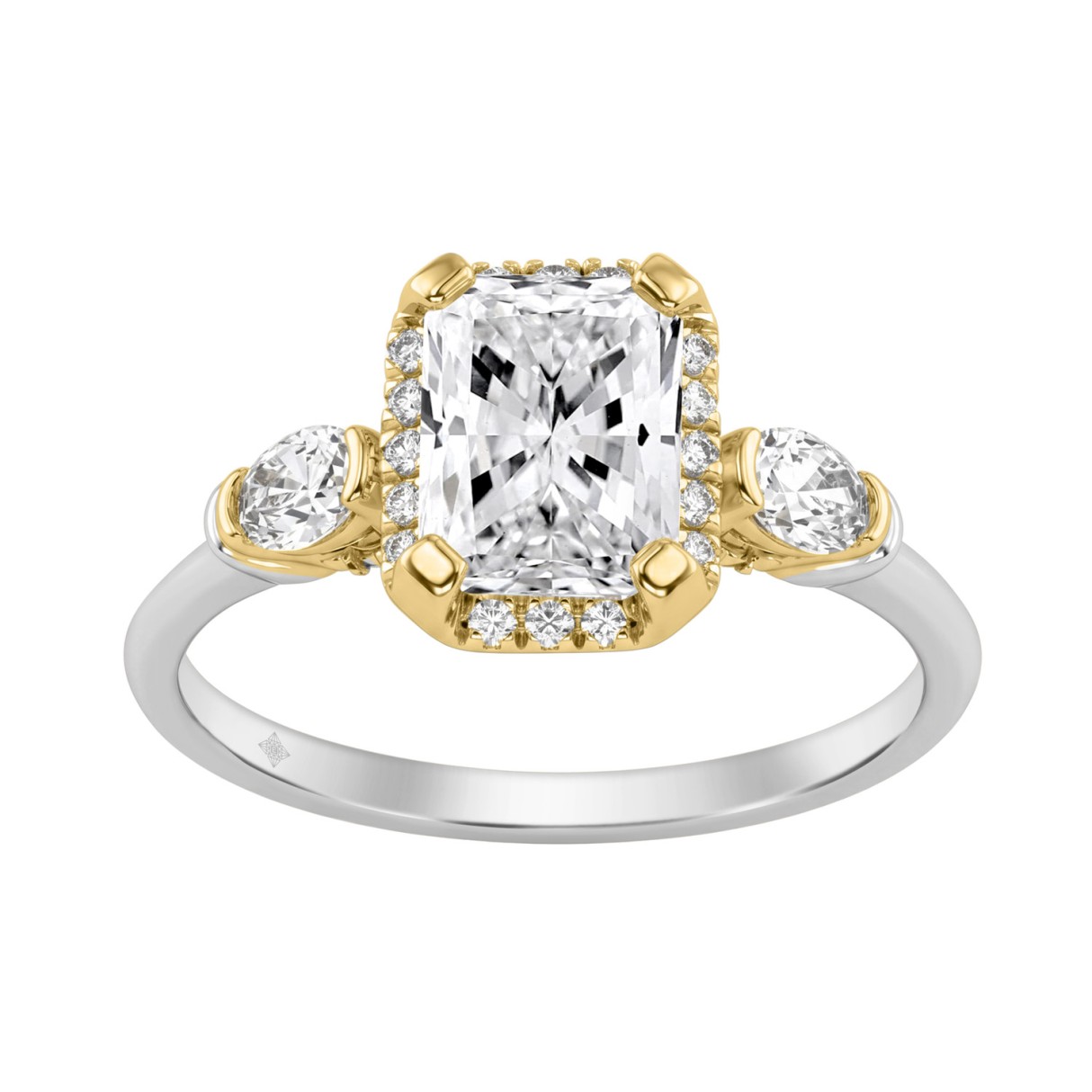 14K White/Yellow Gold Diamond Halo Engagement Ring 2 1/2Ct Radiant, Round & Oval Three-Stone For Women 2Ct Radiant Center Stone (Color F-G -Clarity Vs1/Vs2)