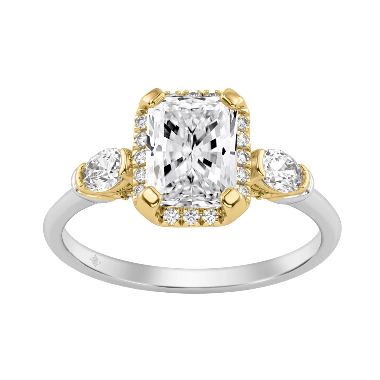 14K White/Yellow Gold Diamond Halo Engagement Ring 2 1/2Ct Radiant, Round & Oval Three-Stone For Women 2Ct Radiant Center Stone (Color F-G -Clarity Vs1/Vs2)