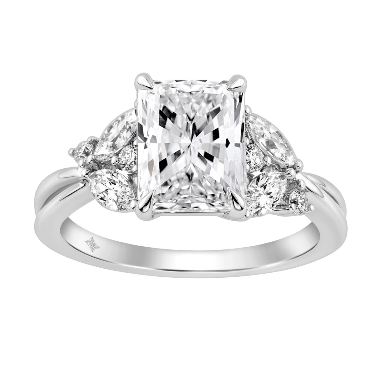 14K White Gold Ladies Lab-Grown Brown Diamond Ladies Engagement Ring 3 1/2Ct Radiant, Round & Marquise With Side Marquise Accents 3Ct Radiant Center Stone (Color F-G -Clarity Vs1/Vs2)