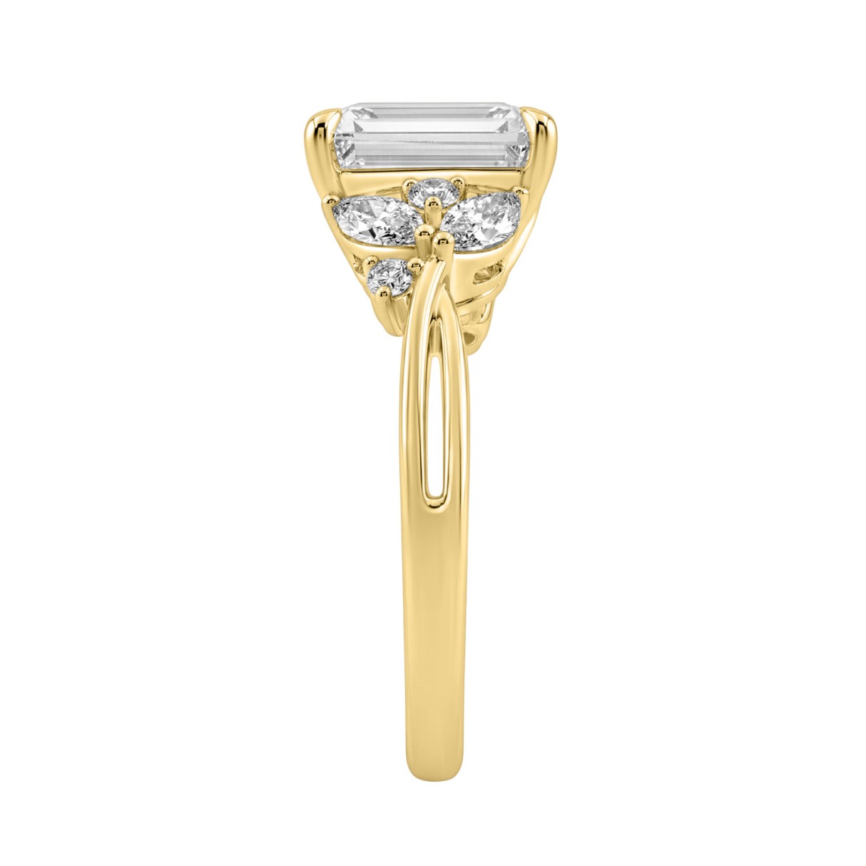 14K Yellow Gold Ladies Lab-Grown Brown Diamond Ladies Engagement Ring 3 1/2Ct Radiant, Round & Marquise With Side Marquise Accents 3Ct Radiant Center Stone (Color F-G -Clarity Vs1/Vs2)