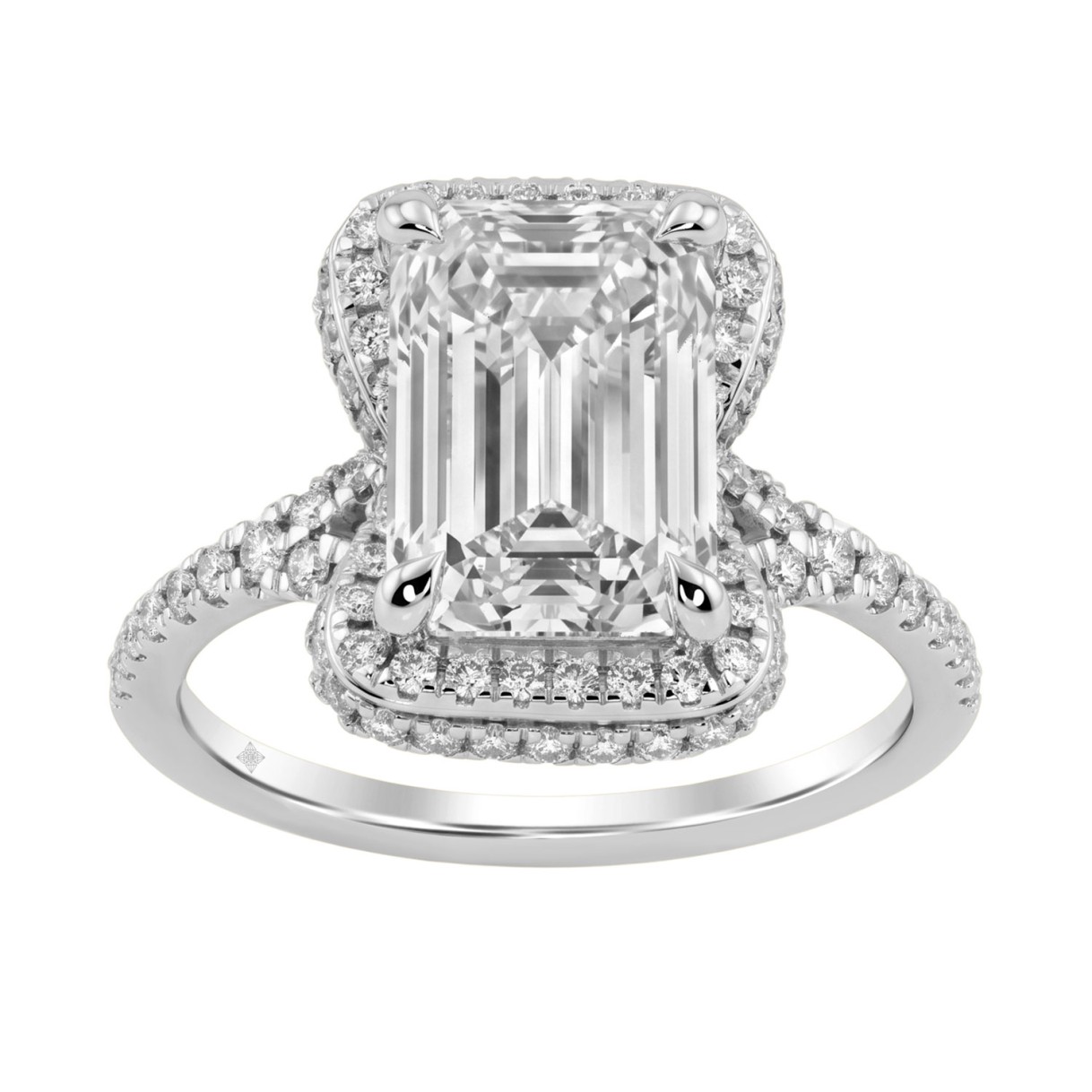 14K White Gold 4 1/2Ct Ladies Emerald-Cut Halo Engagement Ring 4Ct Emerald Center Stone & Round Diamond (Color F-G -Clarity Vs1/Vs2)