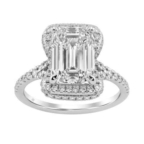 14K White Gold 4 1/2Ct Ladies Emerald-Cut Halo Engagement Ring 4Ct Emerald Center Stone & Round Diamond (Color F-G -Clarity Vs1/Vs2)