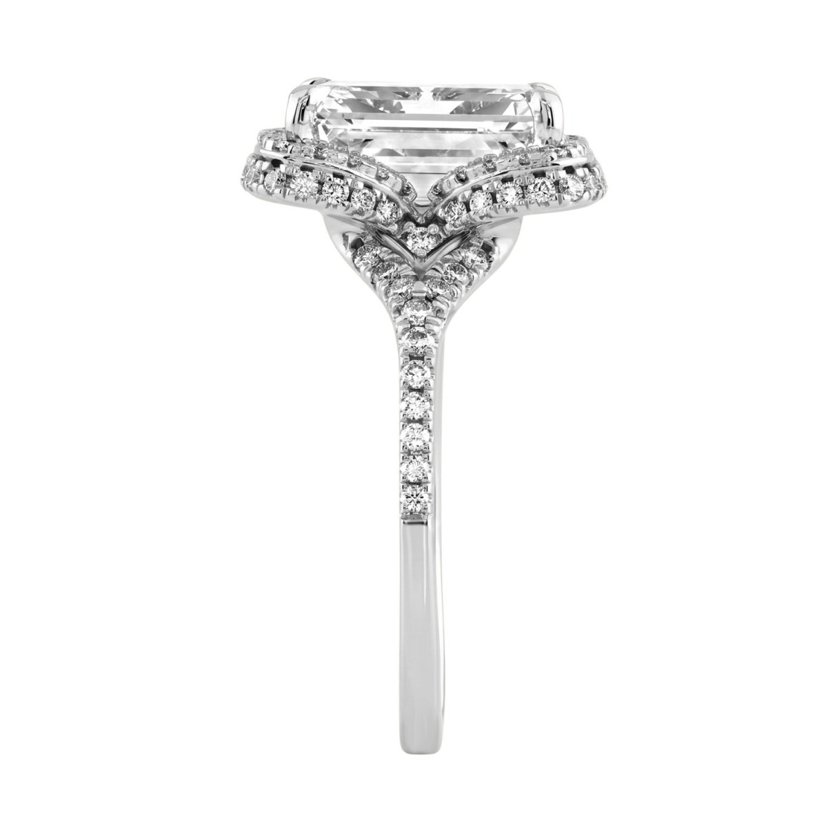 14K White Gold 4 1/2Ct Ladies Emerald-Cut Halo Engagement Ring 4Ct Emerald Center Stone & Round Diamond (Color F-G -Clarity Vs1/Vs2)